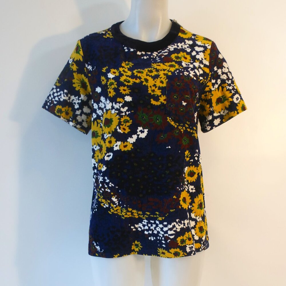Women Sacai Blue Maoon Floral Corduroy Short Sleeve Pleated Top Blouse L - Picture 2 of 10